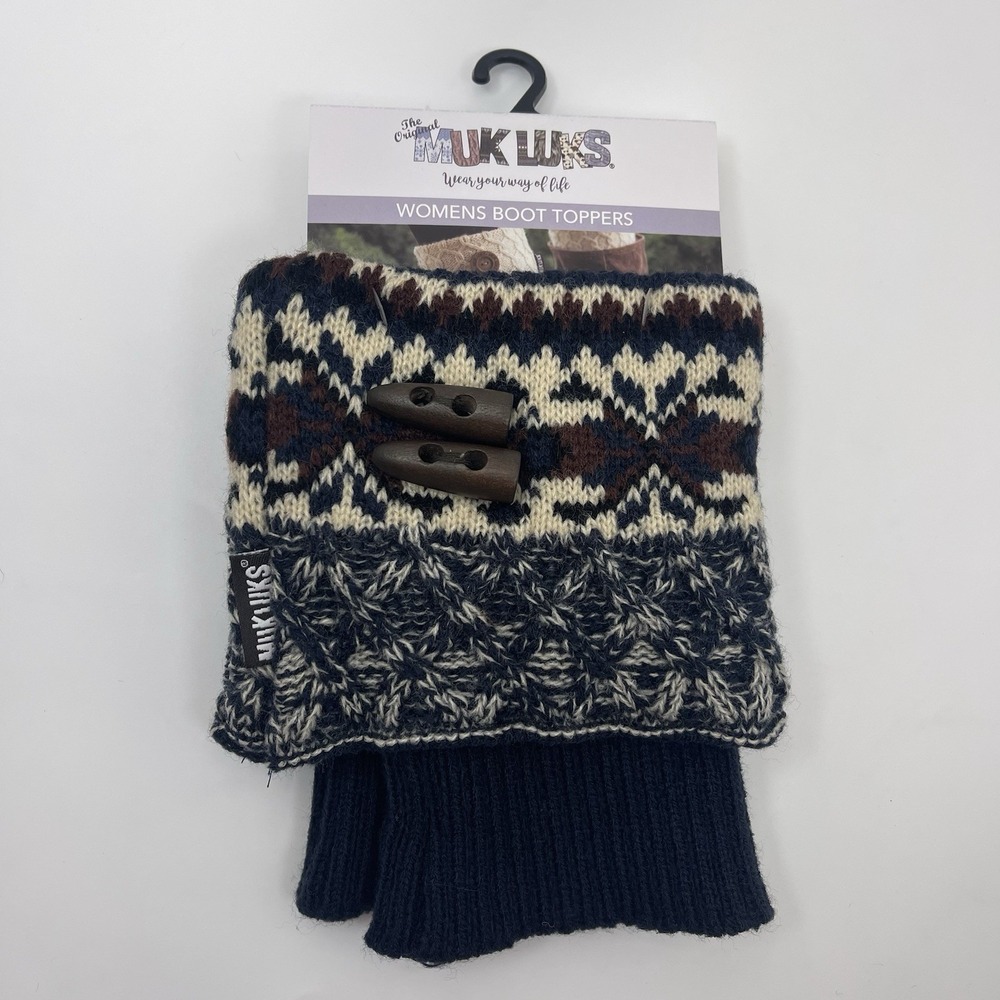 Muk Luks‎ Women Knit Cuff Boot Toppers Blue Brown Argyle Button Acrylic NEW